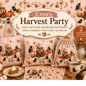 May include: A collection of items featuring a Crow's Harvest Party pattern with illustrations of crows, pumpkins, pies, and cider on a light pink background. The set includes a tote bag, a throw pillow, a drawstring bag, and a ceramic mug.