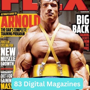 Puede incluir: Portada de la revista Flex con Arnold Schwarzenegger. La portada de la revista tiene una combinación de colores rojo y amarillo con el título "FLEX" en la parte superior. El texto en la portada incluye "Ultimate Guide to Arnold" y "Big Back". La imagen también incluye el texto "83 Digital Magazines Upgraded Bundle Flex".