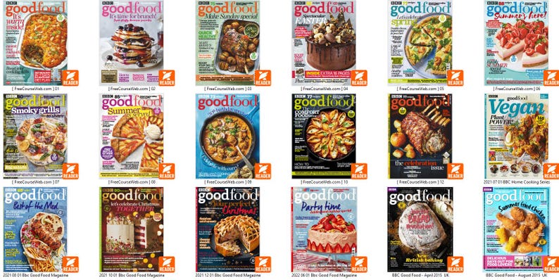 Puede incluir: Una colecci&oacute;n de portadas de la revista Good Food, con varios temas culinarios. Las portadas muestran im&aacute;genes de platos como pizza, pasteles y comida a la parrilla. Las revistas tienen el logotipo "goodfood" y texto como "Summer" y "Vegan".