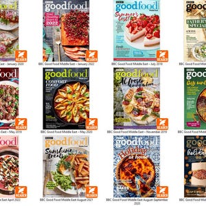 Puede incluir: Una colecci&oacute;n de revistas BBC Good Food Middle East. Cada portada presenta un plato diferente, con t&iacute;tulos como "Summer's Best!" y "Holiday at Home". Las revistas est&aacute;n dispuestas en una cuadr&iacute;cula, mostrando varios temas culinarios.