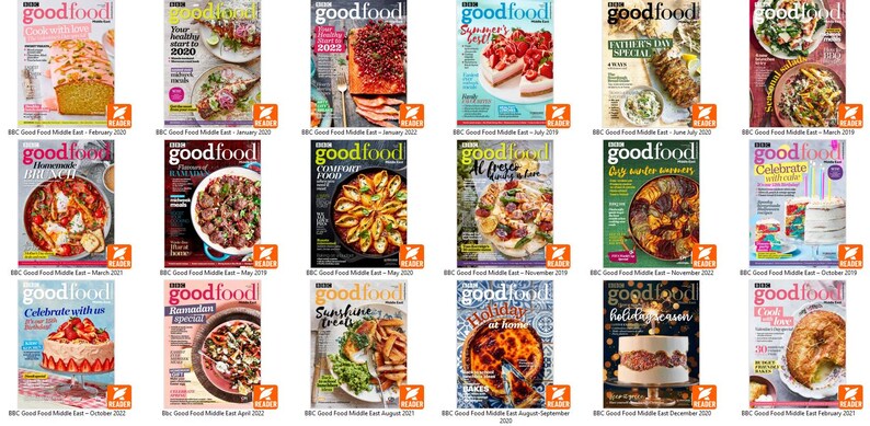 Puede incluir: Una colecci&oacute;n de revistas BBC Good Food Middle East. Cada portada presenta un plato diferente, con t&iacute;tulos como "Summer's Best!" y "Holiday at Home". Las revistas est&aacute;n dispuestas en una cuadr&iacute;cula, mostrando varios temas culinarios.