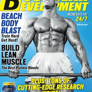 May include: Magazine cover for Muscle & Fitness magazine featuring a muscular man wearing sunglasses and holding a barbell. The cover includes text promoting beach body workouts, muscle building, and protein blends. A supplement bottle is visible.