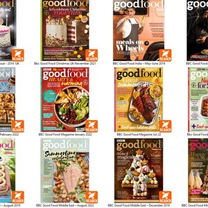 Puede incluir: Una colecci&oacute;n de portadas de la revista BBC Good Food. Las portadas presentan im&aacute;genes de alimentos, incluyendo pasteles, comidas e ingredientes. Las revistas tienen t&iacute;tulos y fechas, con el logo "good food".