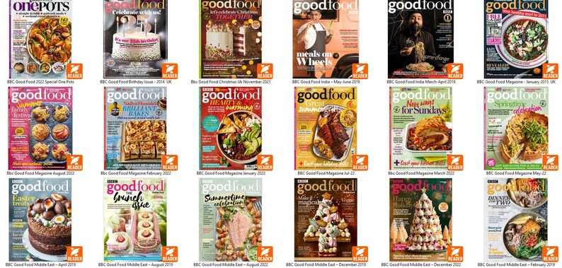 Puede incluir: Una colecci&oacute;n de portadas de la revista BBC Good Food. Las portadas presentan im&aacute;genes de alimentos, incluyendo pasteles, comidas e ingredientes. Las revistas tienen t&iacute;tulos y fechas, con el logo "good food".