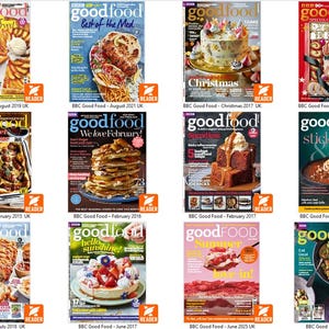Puede incluir: Una colecci&oacute;n de portadas de la revista Good Food, con diversas fotograf&iacute;as de alimentos. Las portadas muestran diversos platos, incluyendo postres, pizzas y platos principales, con textos como "Summer" y "Christmas".