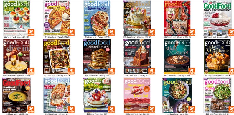 Puede incluir: Una colecci&oacute;n de portadas de la revista Good Food, con diversas fotograf&iacute;as de alimentos. Las portadas muestran diversos platos, incluyendo postres, pizzas y platos principales, con textos como "Summer" y "Christmas".