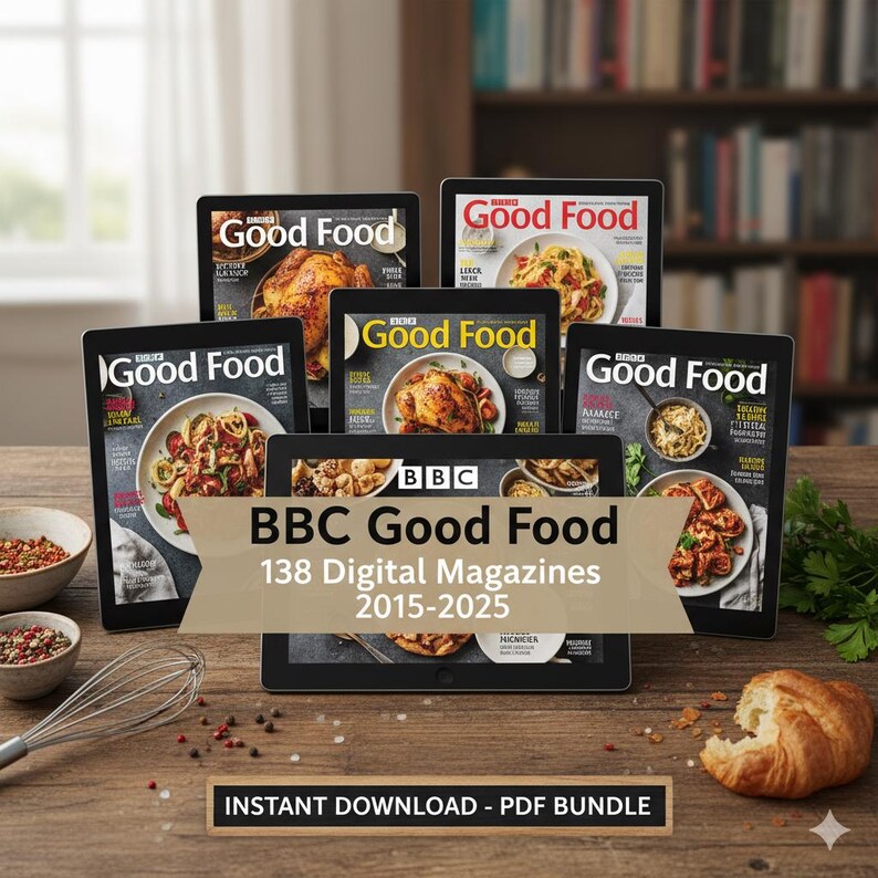 Puede incluir: Tabletas mostrando portadas de la revista "Good Food", con una pancarta que dice "BBC Good Food 138 Revistas Digitales 2015-2025". La imagen tambi&eacute;n incluye el texto "DESCARGA INSTANT&Aacute;NEA - PAQUETE PDF" y varias im&aacute;genes de comida.