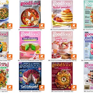 Puede incluir: Una colecci&oacute;n de portadas de la revista Good Food, con varios temas culinarios. Las portadas muestran im&aacute;genes de pasteles, panqueques, hamburguesas y otros platos. Las revistas tienen t&iacute;tulos como "Perfect Pancakes" y "Festive Bakes & Treats."