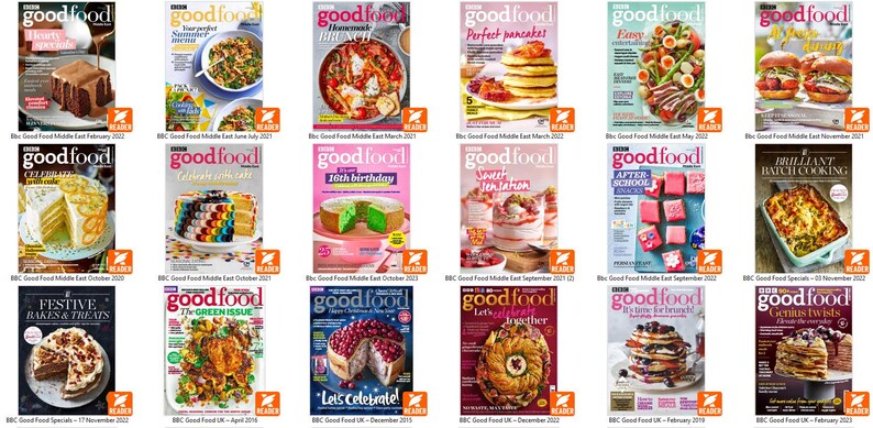 Puede incluir: Una colecci&oacute;n de portadas de la revista Good Food, con varios temas culinarios. Las portadas muestran im&aacute;genes de pasteles, panqueques, hamburguesas y otros platos. Las revistas tienen t&iacute;tulos como "Perfect Pancakes" y "Festive Bakes & Treats."