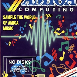 Puede incluir: Portada de la revista Amiga Computing, Volumen 3, Número 6, noviembre de 1990. Presenta el logotipo de Amiga en azul y amarillo, con notas musicales y un gráfico de onda sonora. Texto: "Sample the World of Amiga Music".