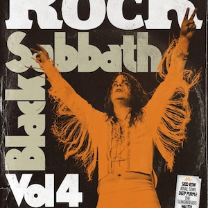 May include: Classic Rock magazine cover featuring Black Sabbath. The cover has a dark background with the band's name in large white letters. A person in orange clothing is in the center with arms raised. Text includes "Vol 4" and "50 Years On."