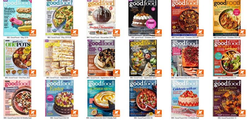 Puede incluir: Una colecci&oacute;n de varias ediciones de la revista "Good Food". Las portadas presentan im&aacute;genes de alimentos, incluyendo pasteles, pizzas, tartas y otros platos. Las revistas est&aacute;n fechadas desde mayo de 2016 hasta 2023.