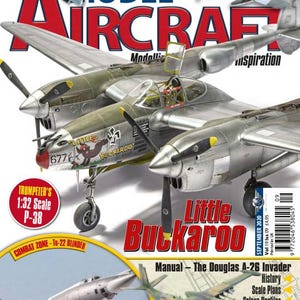 May include: A magazine cover featuring model aircraft. The cover showcases a P-38 Lightning model with the text "Little Buckaroo." Other aircraft models include a Chinese Seagull and an Argentine Sabre. The magazine is dated September 2020.