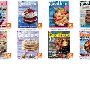 Puede incluir: Una colecci&oacute;n de portadas de la revista BBC Good Food, con diversos temas culinarios. Incluyen 'Easter parade', 'Sunshine baking', 'Vegetarian Christmas' y 'Homemade Christmas'. Las revistas muestran fotograf&iacute;as de alimentos coloridas.