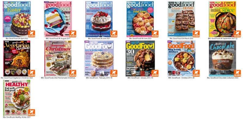 Puede incluir: Una colecci&oacute;n de portadas de la revista BBC Good Food, con diversos temas culinarios. Incluyen 'Easter parade', 'Sunshine baking', 'Vegetarian Christmas' y 'Homemade Christmas'. Las revistas muestran fotograf&iacute;as de alimentos coloridas.