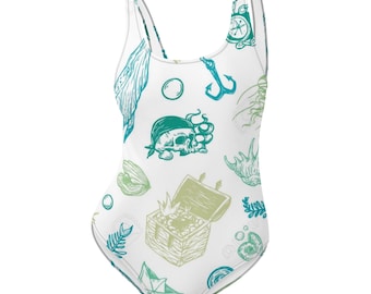 Jednoczęściowy kostium kąpielowy „Pirat Skarb”: luźny krój, okrągły dekolt, głęboki dekolt na plecach