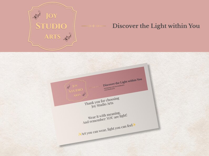 Branded packaging and thank you card for Joy Studio Arts celestial t-shirt order, showing small business presentation and gift-ready style