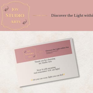 Thank-you card and branding insert included with the order, small business packaging detail.