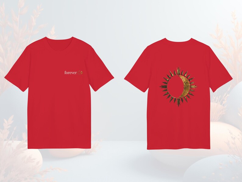 Red unisex t-shirt featuring the sun and moon graphic design, bold celestial style.
