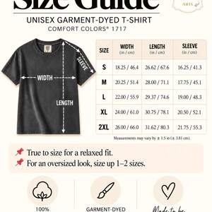Comfort Colors 1717 size guide for unisex garment-dyed T-shirt, showing S to 2XL measurements in inches and centimeters, including width, length and sleeve measurements with relaxed and oversized fit guidance.