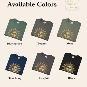 Available color options for celestial sun graphic t-shirt, including earthy and dark tones for this vintage boho unisex astrology shirt