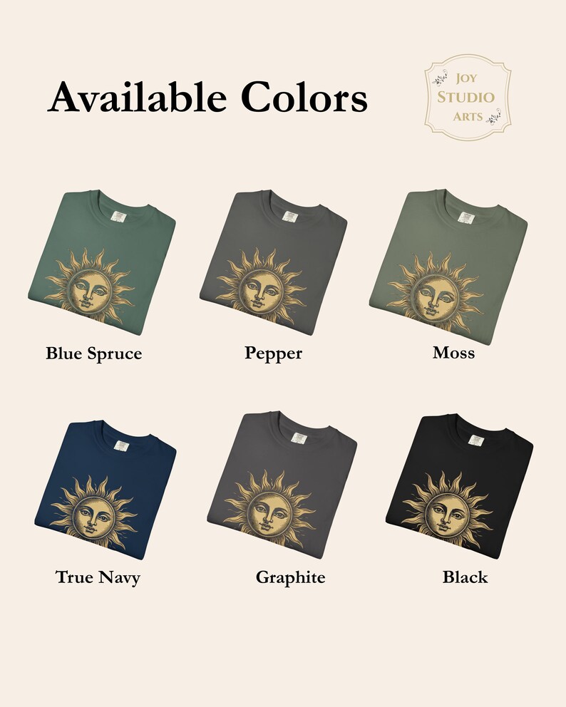 Available color options for celestial sun graphic t-shirt, including earthy and dark tones for this vintage boho unisex astrology shirt