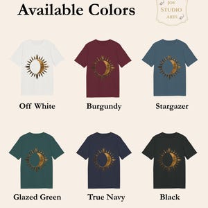 Available colors chart with sun and moon celestial gold graphic. Elegant minimalist astrology tee.