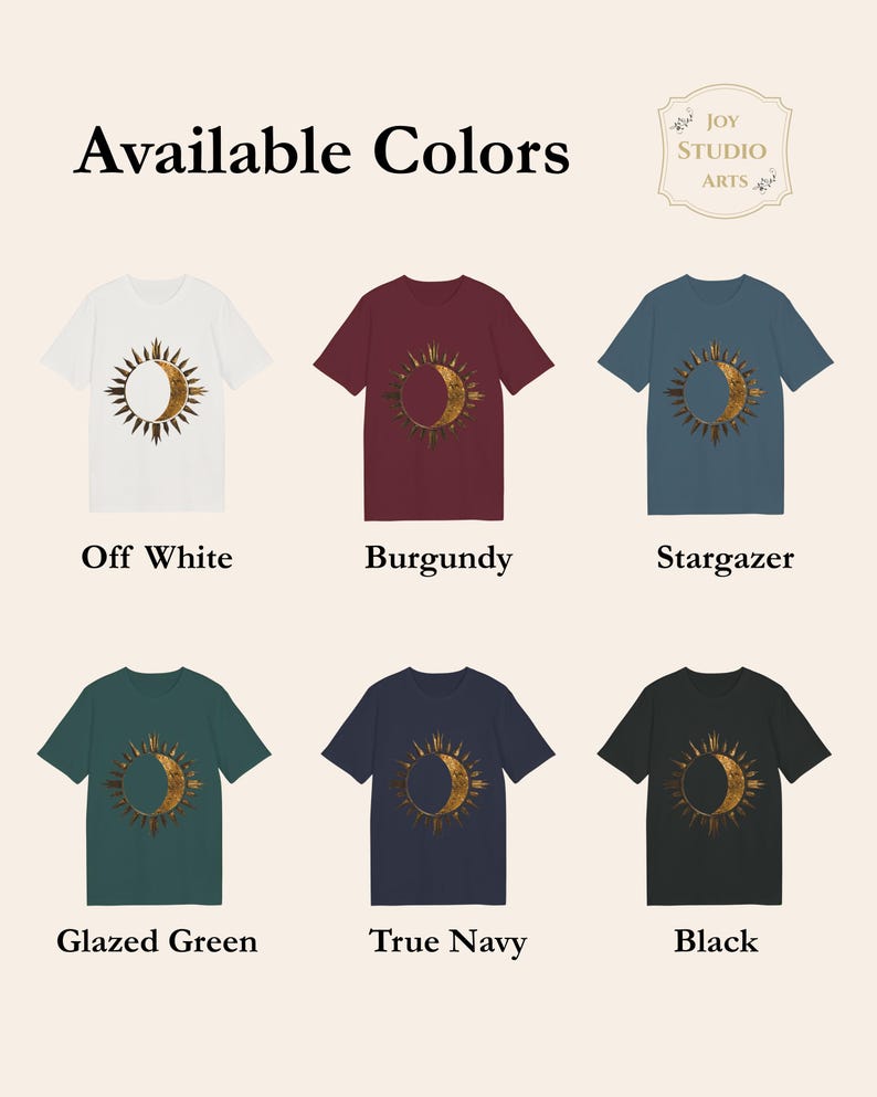 Available colors chart with sun and moon celestial gold graphic. Elegant minimalist astrology tee.
