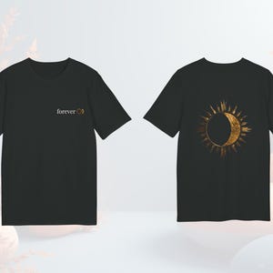 Black unisex celestial t-shirt with gold sun and moon graphic on front and minimal back print.  Front side written FOREVER und sun&moon graphic and back a statement sun&moon symbol.