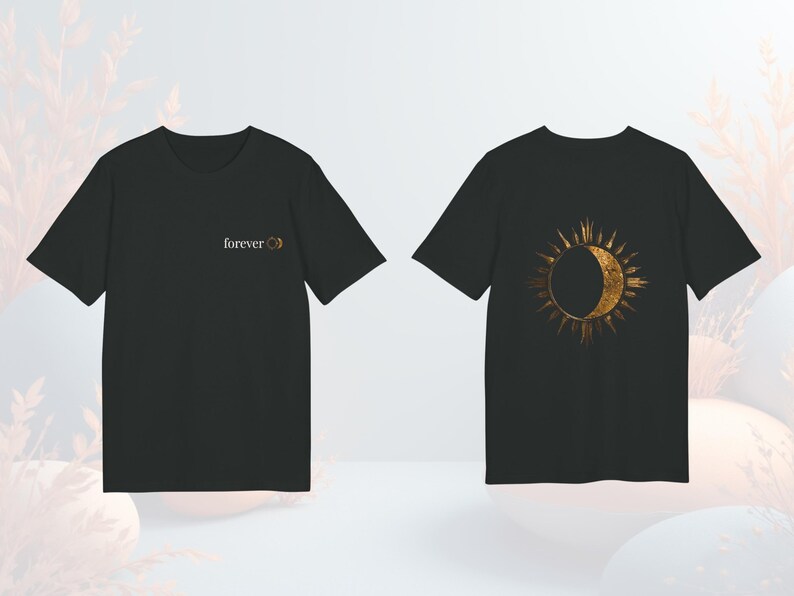 Black unisex celestial t-shirt with gold sun and moon graphic on front and minimal back print.  Front side written FOREVER und sun&moon graphic and back a statement sun&moon symbol.