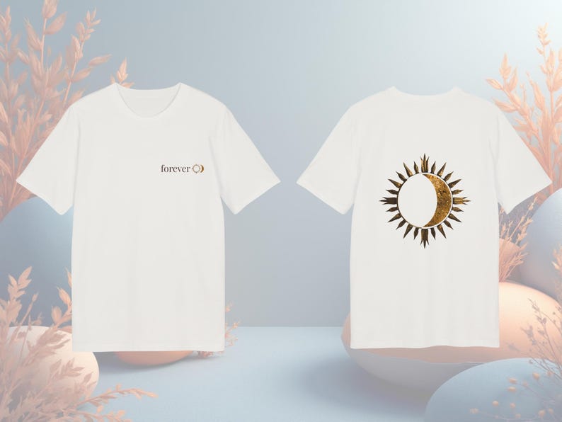 White unisex organic cotton t-shirt with gold-effect sun and moon celestial graphic, front and back view. Front side written FOREVER und sun&moon graphic and back a statement sun&moon symbol.