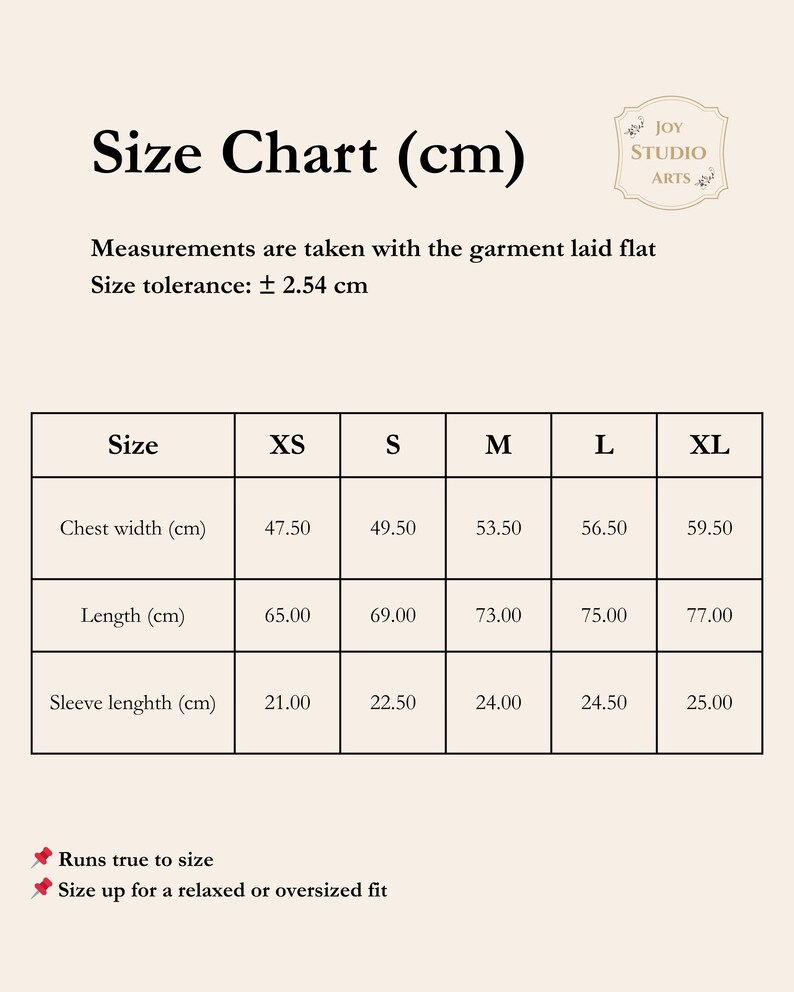 Size chart showing the size of an 100% organic cotton t-shirt with celestial sun and Moon minimalist print.