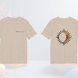 Beige unisex astrology t-shirt with sun and moon eclipse graphic, clean minimalist look, front side written FOREVER.