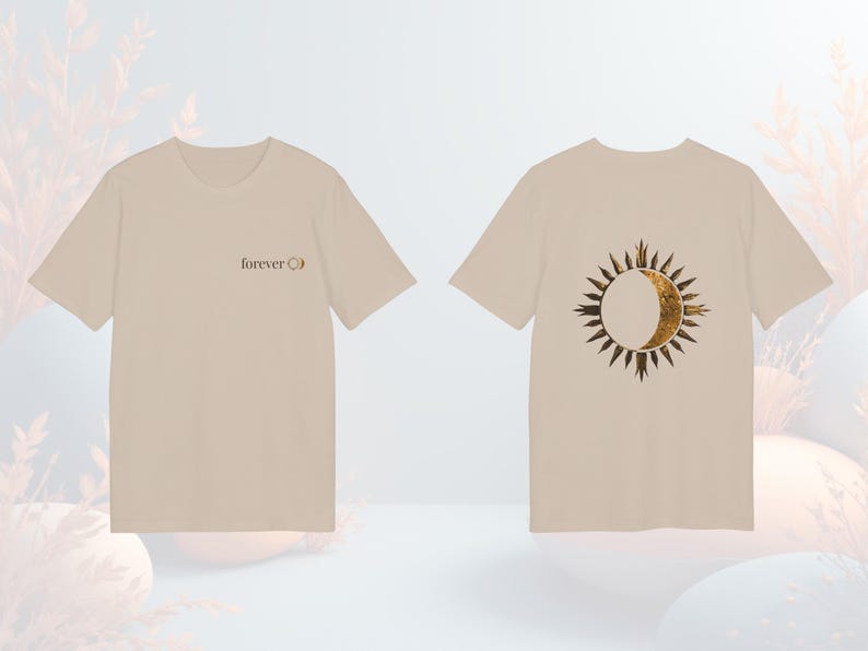 Beige unisex astrology t-shirt with sun and moon eclipse graphic, clean minimalist look, front side written FOREVER.