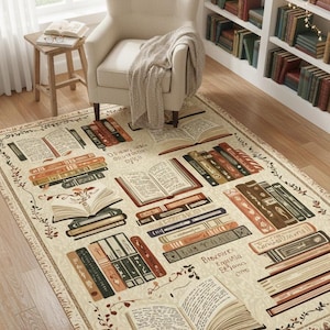 Tapijt bibliotheekboeken, decor leeshoek, verhalenboek-kindermat, vloerkunst klaslokaal