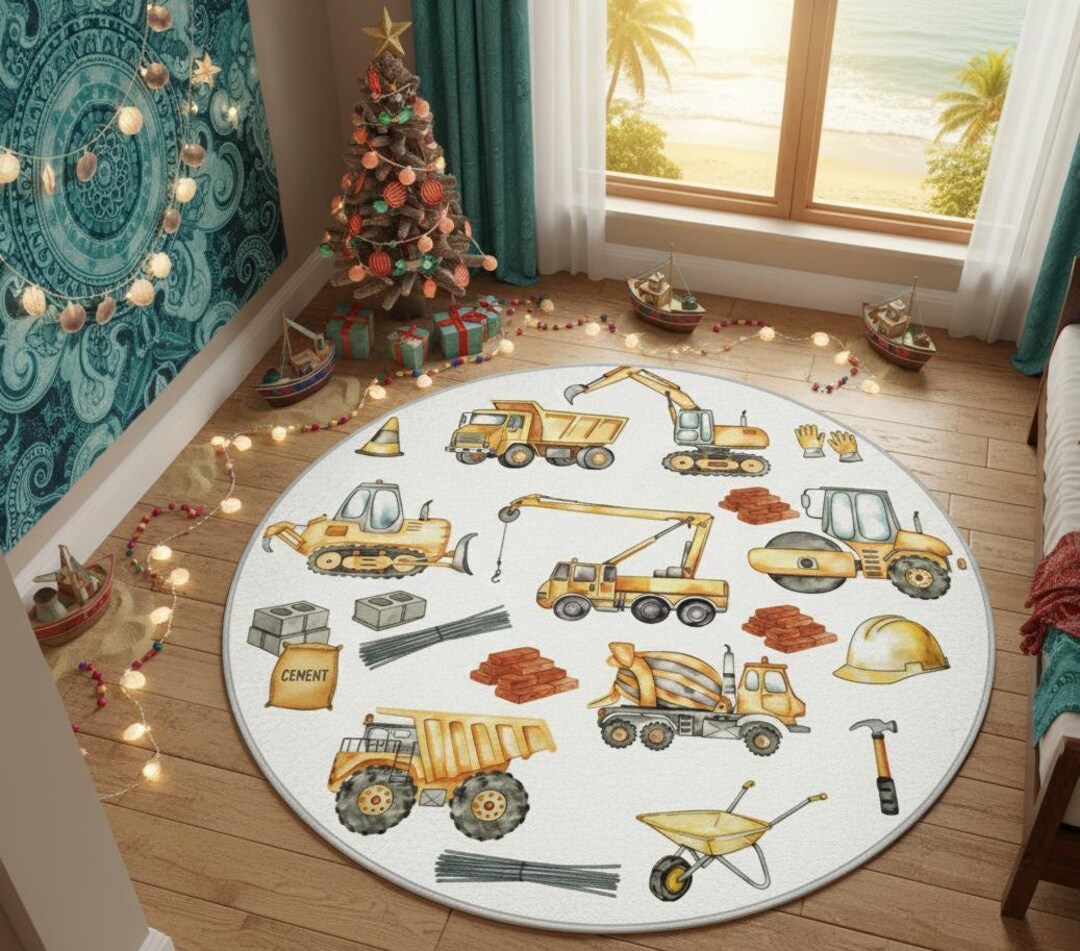 Round Construction Rug, Excavator Dump Truck Print, Nursery Playroom ...