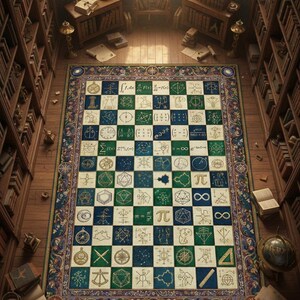 Può includere: Un grande tappeto rettangolare con un motivo a scacchiera con simboli matematici e forme geometriche in blu, verde e bianco. Il tappeto si trova in una biblioteca con librerie e vetrate. Il testo "Select Style 1" è in alto a sinistra.