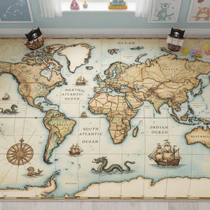Pode incluir: Um grande tapete retangular com um design de mapa-múndi vintage. O tapete tem um fundo bege com ilustrações detalhadas de continentes, oceanos e veleiros. Elementos decorativos incluem uma rosa dos ventos e monstros marinhos.