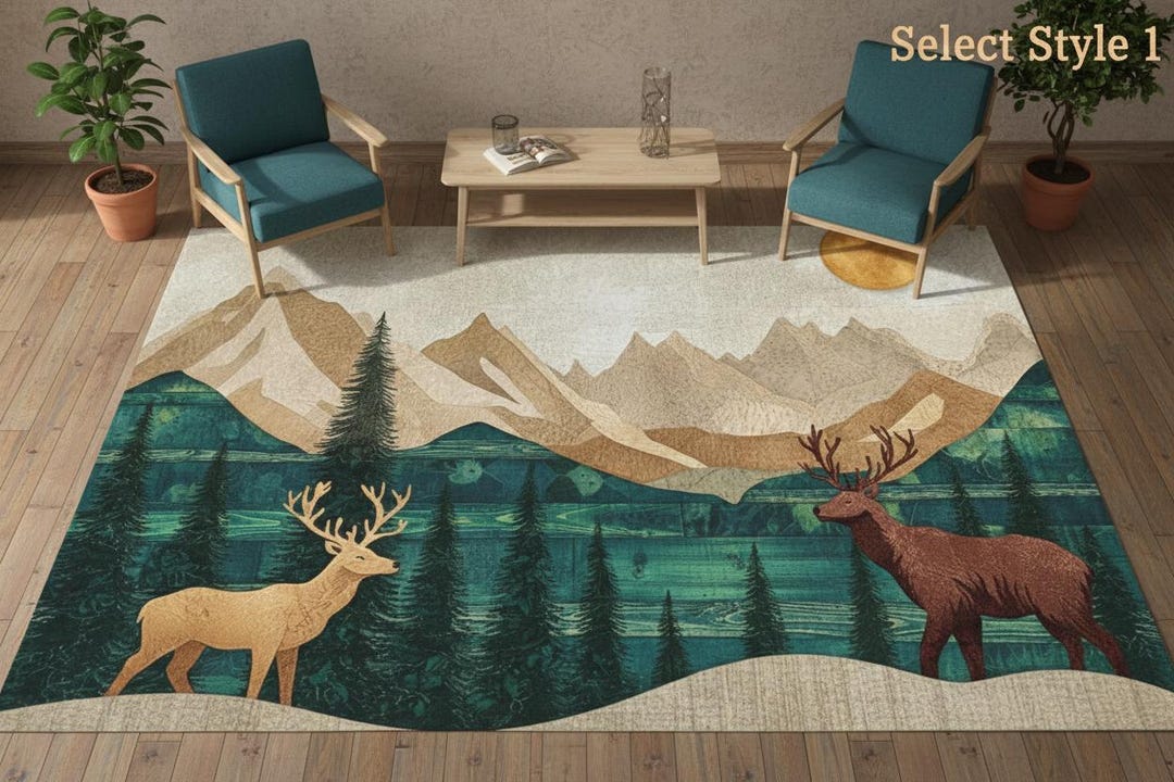 Nature Landscape Forest Deer Area Rug, Mountain Lake Carpet, Wildlife ...