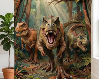 Op de afbeelding: Een zachte deken met drie gedetailleerde dinosaurusillustraties in een jungle-omgeving. De dinosaurussen zijn bruin en groen, met open monden en scherpe tanden. De achtergrond bevat weelderig groen gebladerte en zonlicht dat door de bomen schijnt.