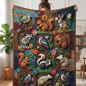 Woodland Animals Patchwork Fleece Blanket, Faux Crochet Illusion Throw