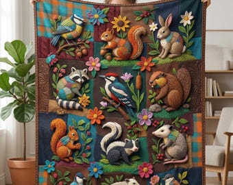 Woodland Animals Patchwork Fleece Blanket, Faux Crochet Illusion Throw