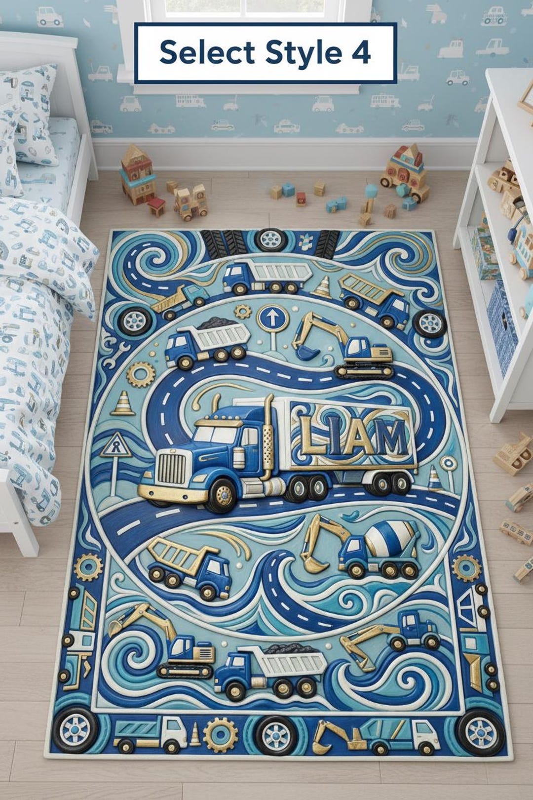 Personalised Construction Rug, Custom Name Kids Mat, Excavator Dump ...