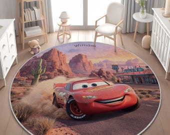 Alfombra redonda de Disney Cars Rayo McQueen, alfombra para dormitorio infantil, alfombra de juegos Pixar, decoración de coche de carreras para habitación infantil, regalo personalizado para niños pequeños