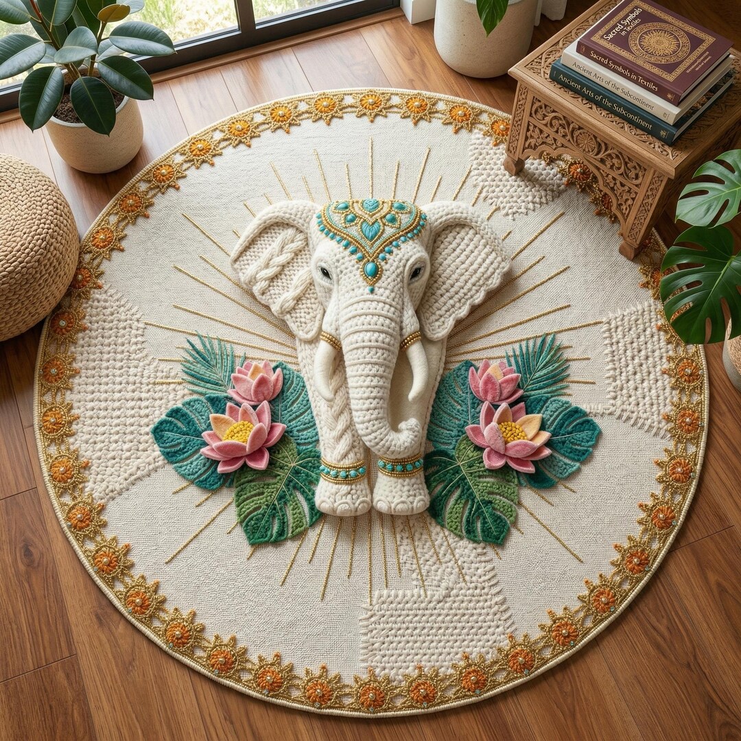 Elephant Mandala Round Rug, Boho Lotus Floor Mat, Faux Carved Illusion ...