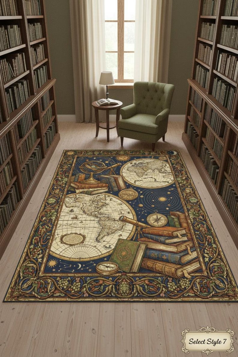 Ny Library Rugs Bookish Library Rug, Dark Academia Decor, Vintage Map Print, Science ...