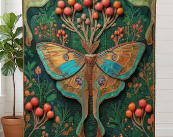 Op de afbeelding: Een decoratieve sprei met een groot mottenontwerp in teal, goud en bruin. De sprei heeft een donkergroene achtergrond met bloemen- en bessen details en een bruine touwrand.