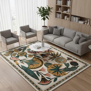 Boho Lotus Blumenteppich, Ägyptischer Revival, Mid-Century Stil (Rechteckig)