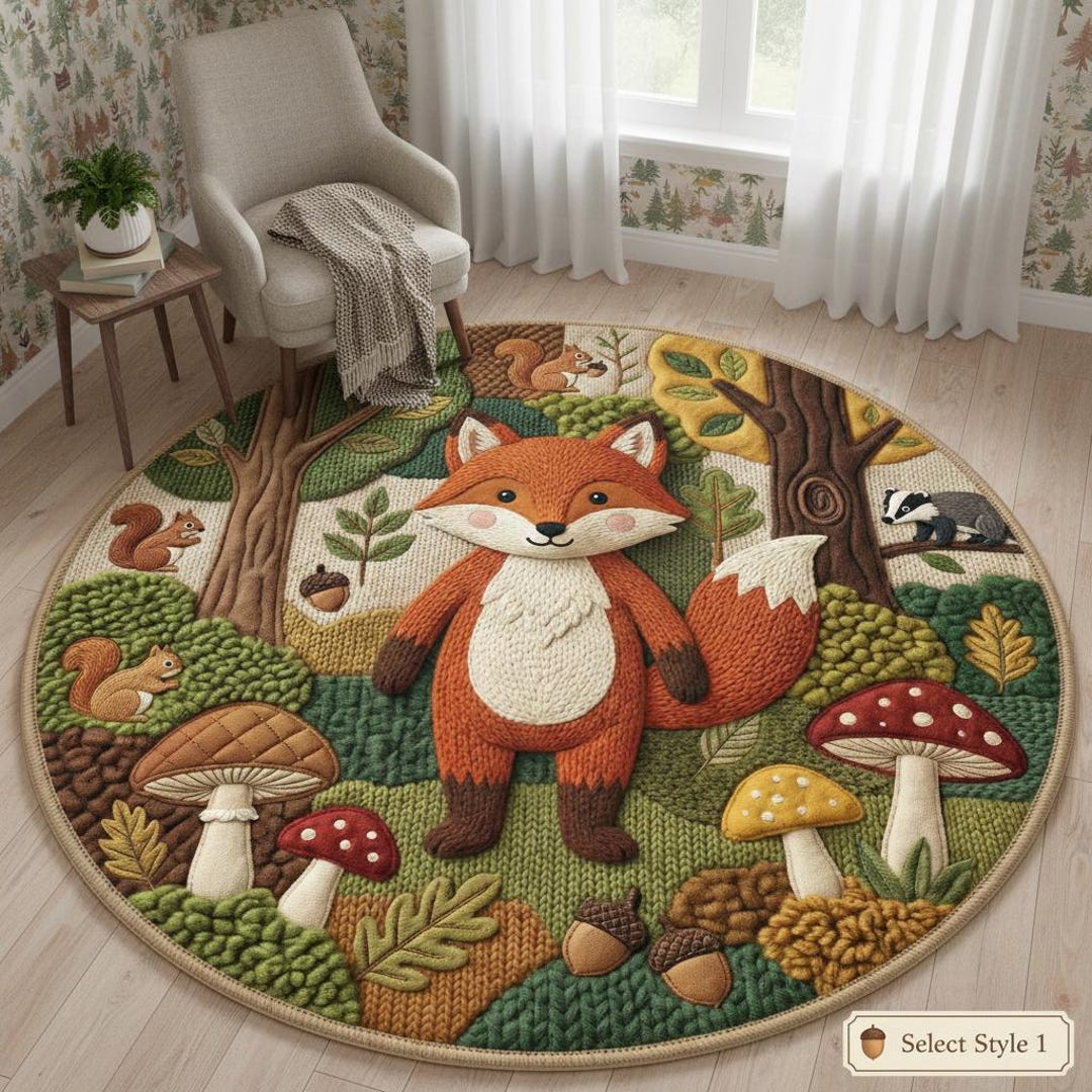 Nursery Round Rug, Woodland & Safari Animal Mat, Patchwork Style Carpet ...