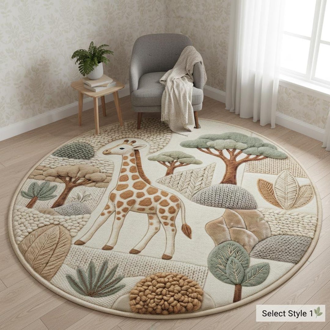 Woodland Nursery Rug, Safari Animal Round Mat, Faux Knit Pattern Carpet ...
